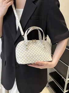 Retro cream white shell bag with golden geometric pattern and adjustable strap for women