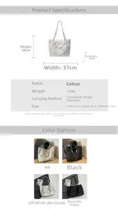 Size chart showing large canvas tote bag dimensions 37x28x15cm and weight 0.33kg