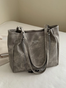 Large Capacity PU Leather Tote Bag Retro Letter Print Shoulder Bag With Metal Chain For Women Casual Daily Work Handbag