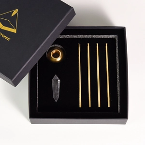 Natural White Crystal Vogel Meditation Set With Beech Wood Base Copper Frame 12 Facet Point Crystal Pyramid Home Zen Decor