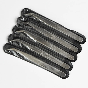 Five-piece stainless steel 125mm tweezers set with black leather protective cases