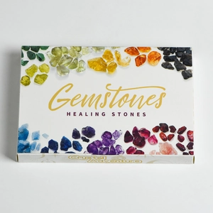 24-piece natural irregular polished gemstone collection in a white Crystal Adventure box