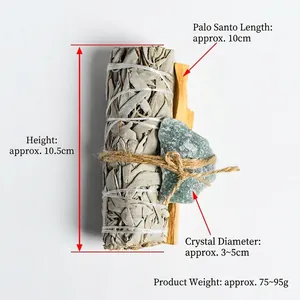 White sage bundle with Palo Santo stick and green crystal stone for energy purification