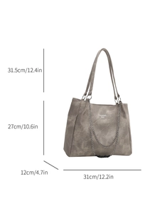 Large capacity grey shoulder tote bag with minimalist design and exact size dimensions
