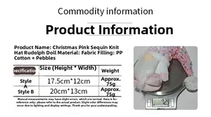 Detail showing weight and size measurements for pink sequined Christmas gnome doll ornaments