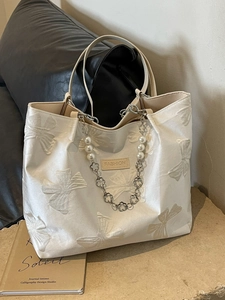 Women Fashion Butterfly Bow Jacquard Tote Bag Large Capacity Satin Fabric Shoulder Bag With Artificial Pearl Metal Chain Decor