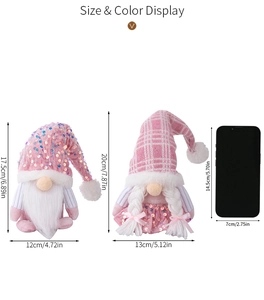 Size display of pink sequin Christmas gnomes with detailed dimensions and measurements