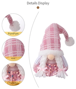 Detail of pink knit gnome with white pigtails, pompom and sequins for Christmas decor
