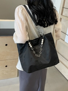Black large nylon tote bag with pearl flower chain and fashion leather tag on shoulder