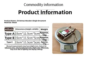 Size guide for wooden Christmas sled ornaments showing dimensions and weight specifications