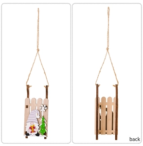 Detailed front and back views of wooden gnome sled Christmas hanging ornament