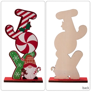 Detailed view of wood 'JOY' letter block signage with Christmas gnome on stable base