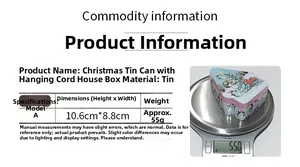 Detail of Christmas tinplate house gift box showing dimensions and weight measurement