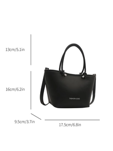 Minimalist black PU leather bucket tote bag with fashion logo and size specifications