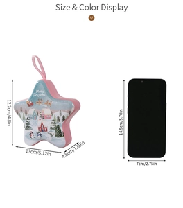 Star-shaped Christmas tin box with dimensions compared to a mobile phone