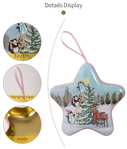 Close-up of star-shaped Christmas tin box with hanging rope and golden inner lining