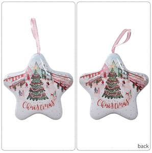 Front and back detail of star-shaped Christmas tin box with festive tree illustrations
