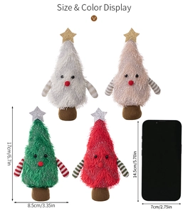 Size comparison of four mini plush Christmas tree ornaments in red green pink and white
