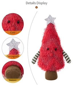 Detail view of plush Christmas tree doll showing pentagram top and striped arms