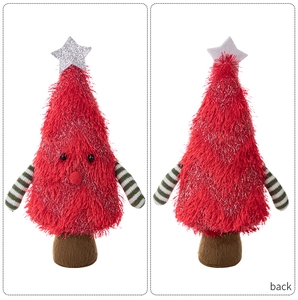 Front and back detail of a red plush Christmas tree doll with star and striped arms