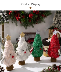 Detail of plush Christmas tree figurines in pink and green with festive home decor