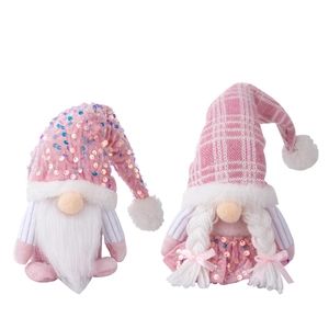 Pink sequin Christmas gnomes set with plush hats and white faux fur beards ornaments