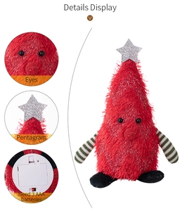 Detail of red plush Christmas gnome with LED star and AAA battery compartment view