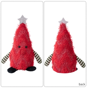 Detailed front and back views of a red plush Christmas tree gnome with glittery silver star