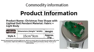 Detail of glowing plush Christmas tree ornament showing dimensions 15x9cm and weight