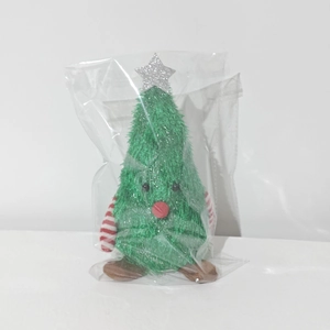 Detail of plush Christmas tree doll with green tinsel fabric and striped arms
