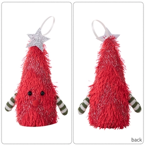 Close-up front and back view of red plush Christmas tree ornament with silver star