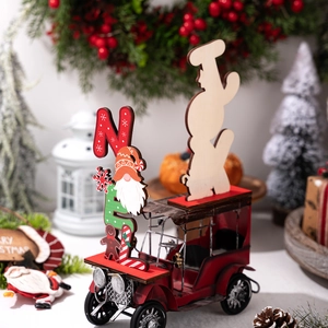 Vintage red metal truck decor with wooden NOEL and JOY Christmas table centerpiece