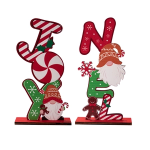 Wooden Christmas table signs featuring JOY and NOEL letters with gingerbread man and gnome
