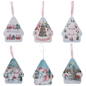Set of six festive house-shaped Christmas tin boxes with holiday illustrations and ribbons