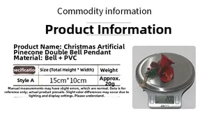 Detailed size chart for Christmas pinecone red double bells showing dimensions and weight