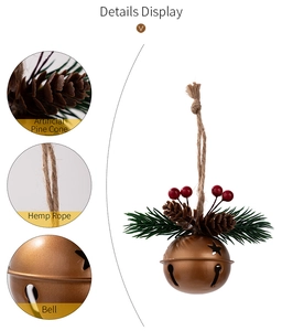 Detail view of rustic Christmas bell with artificial pine cone and hemp rope