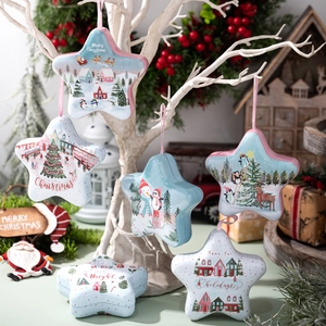 Star Shaped Christmas Tinplate Gift Box With Satin Ribbon Hanging Loop Cartoon Santa Snowman Penguin Pattern Holiday Candy Storage Jar