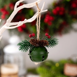 Close-up of green Christmas bell with red berries, pine cones and rustic hemp rope