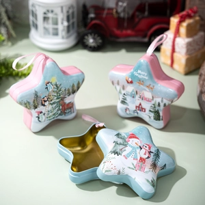 Star shaped Christmas tin gift boxes with reindeer and penguin illustrations and hanging rope