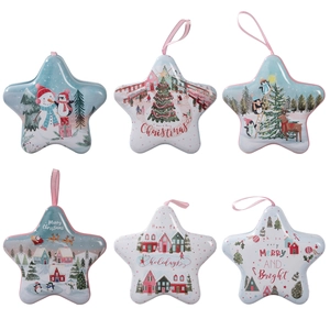 Set of 6 star-shaped Christmas tin gift boxes with hanging ribbons and festive patterns