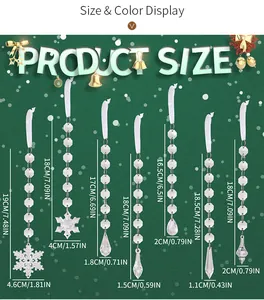 Detailed size chart for seven types of acrylic icicle and snowflake Christmas ornaments
