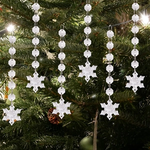 Detail of clear acrylic snowflake ornaments hanging on a Christmas tree with bokeh lights