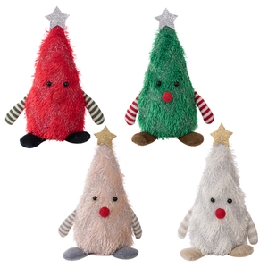Set of 4 plush Christmas tree figurines in red, green, and white with glitter stars