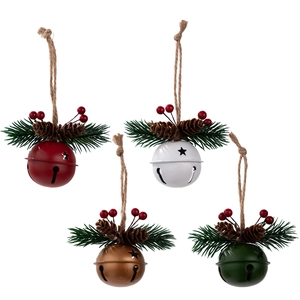 Set of four colorful Christmas metal bells with pine cones and berries for tree decoration