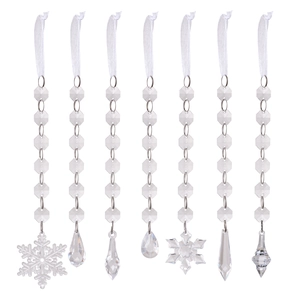 Set of 7 clear acrylic Christmas ornaments with icicles, snowflakes, and beads on ribbons