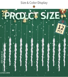 Set of 12 transparent acrylic Christmas icicle ornaments with hanging strings, 13cm height