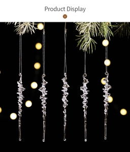 Detail of 5 clear acrylic icicle ornaments with realistic texture for Christmas tree