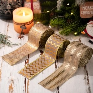 Gold Metallic Christmas Burlap Ribbon With Wire Edge Stripe Wave Pattern Holiday Tree Decor Gift Wrapping Party Supplies