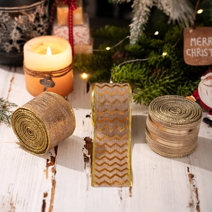 Three-roll set of gold burlap Christmas ribbons for festive tree and gift decoration