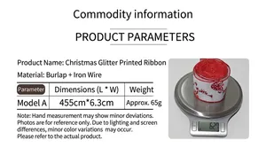 Detail of Christmas ribbon with Santa and mushroom print showing size and weight info